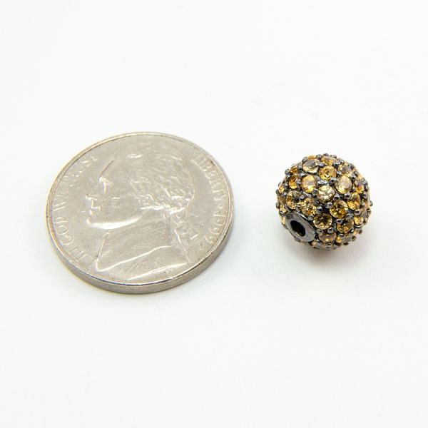 925 Sterling Silver Pave Diamond Bead with Citrine Stone, Round Ball Shape-10.00mm, Black Rhodium Plating. Sold By 1 Pcs, F-1897
