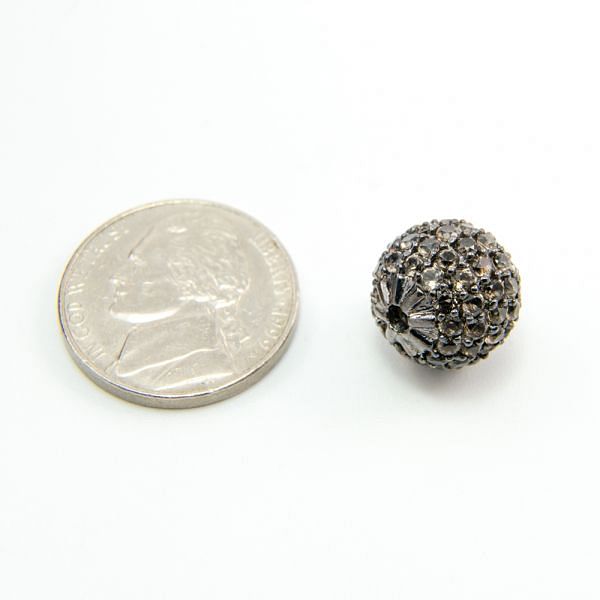 925 Sterling Silver Pave Diamond Bead with Smoky Stone, Round Ball Shape-12.00mm, Black Rhodium Plating. Sold By 1 Pcs, F-1900