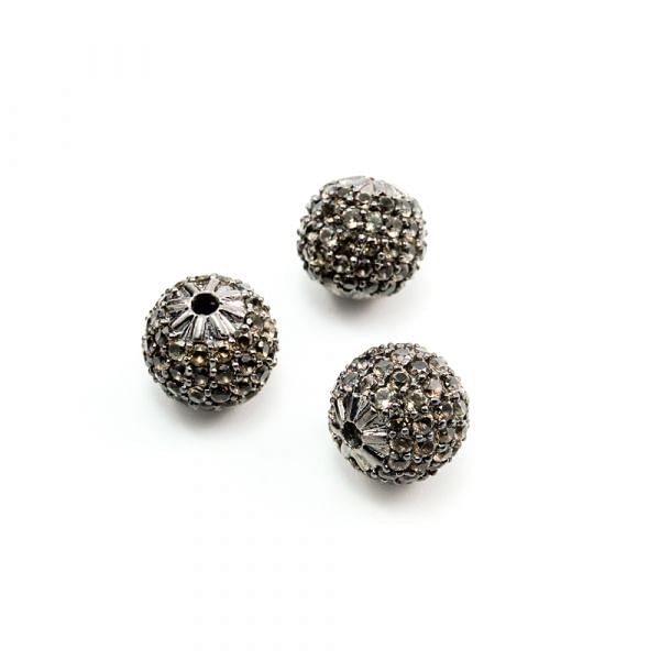 925 Sterling Silver Pave Diamond Bead with Smoky Stone, Round Ball Shape-12.00mm, Black Rhodium Plating. Sold By 1 Pcs, F-1900