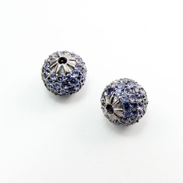 925 Sterling Silver Pave Diamond Bead with Iolite Stone, Round Ball Shape-12.00mm, Black Rhodium Plating. Sold By 1 Pcs, F-1904