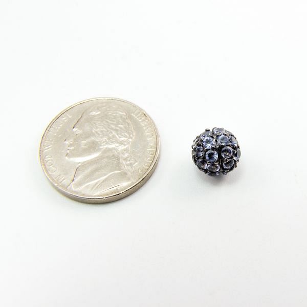 925 Sterling Silver Pave Diamond Bead with Iolite Stone, Round Ball Shape-8.00mm, Black Rhodium Plating. Sold By 1 Pcs, F-1905