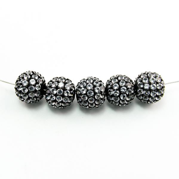 925 Sterling Silver Pave Diamond Bead with White Topaz Stone, Round Ball Shape-8.00mm, Black Rhodium Plating. Sold By 1 Pcs, F-1907