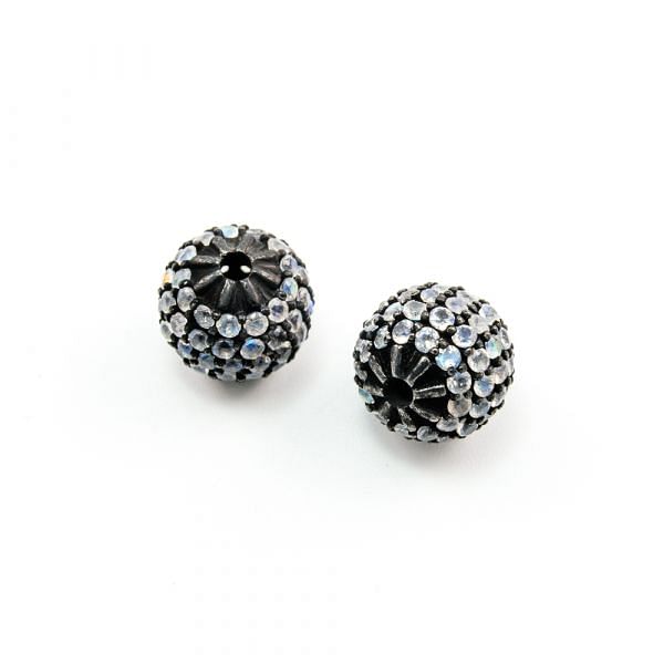 925 Sterling Silver Pave Diamond Bead with Labradorite Stone, Round Ball Shape-12.00mm, Black Rhodium Plating. Sold By 1 Pcs, F-1910