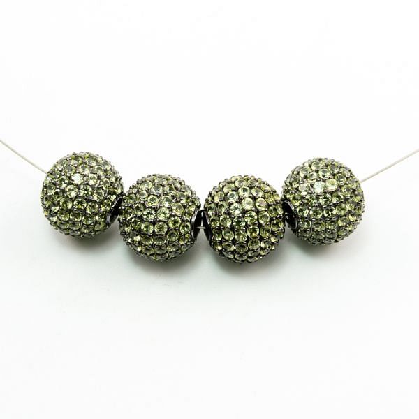 925 Sterling Silver Pave Diamond Bead with Peridot Stone, Round Ball Shape-14.00mm, Black Rhodium Plating. Sold By 1 Pcs, F-1911