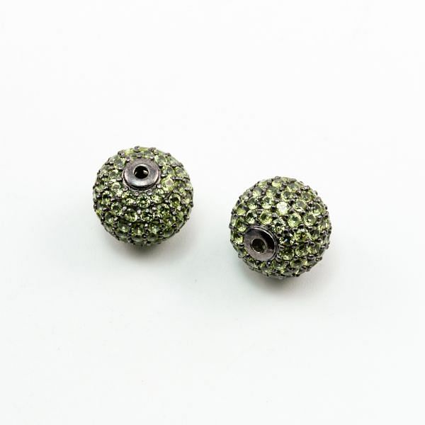 925 Sterling Silver Pave Diamond Bead with Peridot Stone, Round Ball Shape-14.00mm, Black Rhodium Plating. Sold By 1 Pcs, F-1911