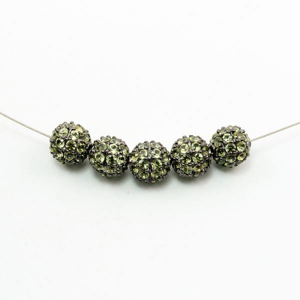 925 Sterling Silver Pave Diamond Bead with Peridot Stone, Round Ball Shape-8.00mm, Black Rhodium Plating. Sold By 1 Pcs, F-1912