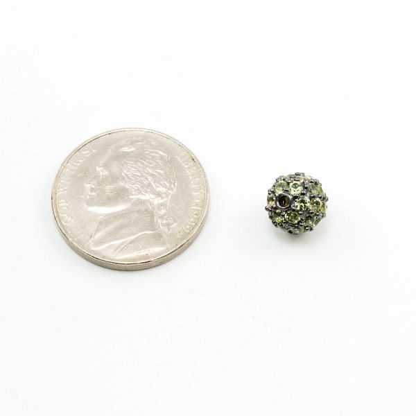 925 Sterling Silver Pave Diamond Bead with Peridot Stone, Round Ball Shape-8.00mm, Black Rhodium Plating. Sold By 1 Pcs, F-1912