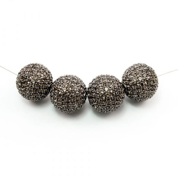 925 Sterling Silver Pave Diamond Bead with Smoky Stone, Round Ball Shape-16.00mm, Black Rhodium Plating. Sold By 1 Pcs, F-1916