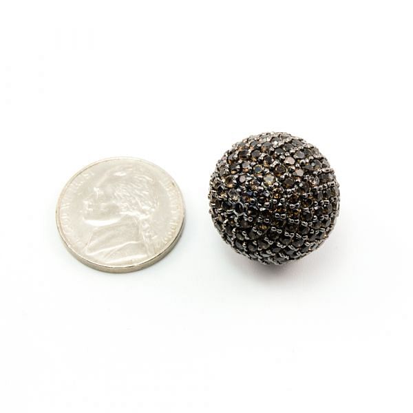 925 Sterling Silver Pave Diamond Bead with Smoky Stone, Round Ball Shape-20.00mm, Black Rhodium Plating. Sold By 1 Pcs, F-1917