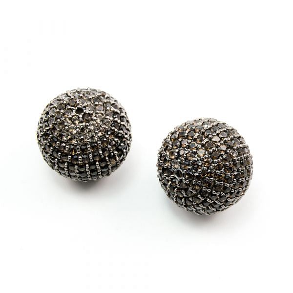 925 Sterling Silver Pave Diamond Bead with Smoky Stone, Round Ball Shape-20.00mm, Black Rhodium Plating. Sold By 1 Pcs, F-1917