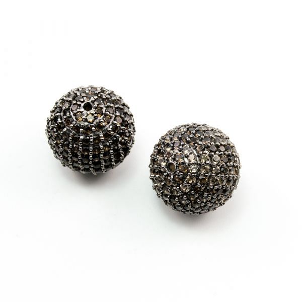 925 Sterling Silver Pave Diamond Bead with Smoky Stone, Round Ball Shape-18.00mm, Black Rhodium Plating. Sold By 1 Pcs, F-1918