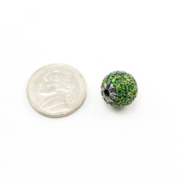 925 Sterling Silver Pave Diamond Bead with Chrome Diopside Stone, Round Ball Shape-12.00mm, Black Rhodium Plating. Sold By 1 Pcs, F-1923
