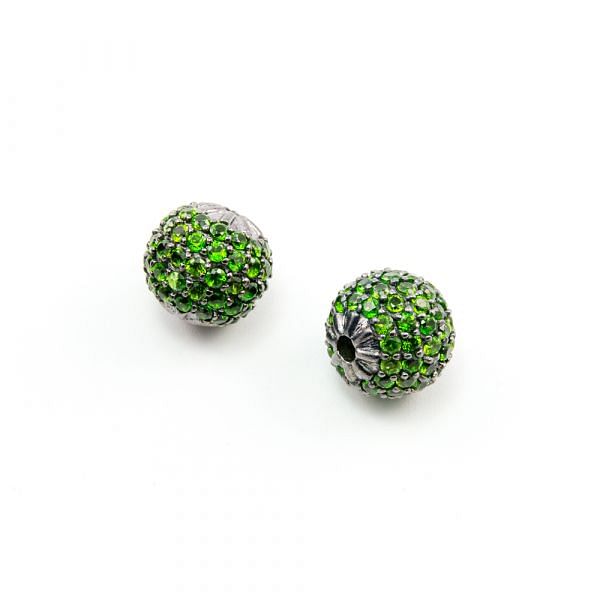 925 Sterling Silver Pave Diamond Bead with Chrome Diopside Stone, Round Ball Shape-12.00mm, Black Rhodium Plating. Sold By 1 Pcs, F-1923
