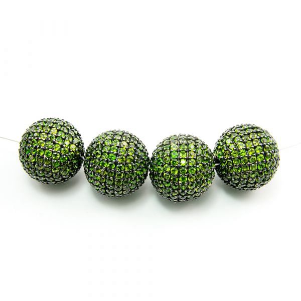 925 Sterling Silver Pave Diamond Bead with Chrome Diopside Stone, Round Ball Shape-18.00mm, Black Rhodium Plating. Sold By 1 Pcs, F-1925