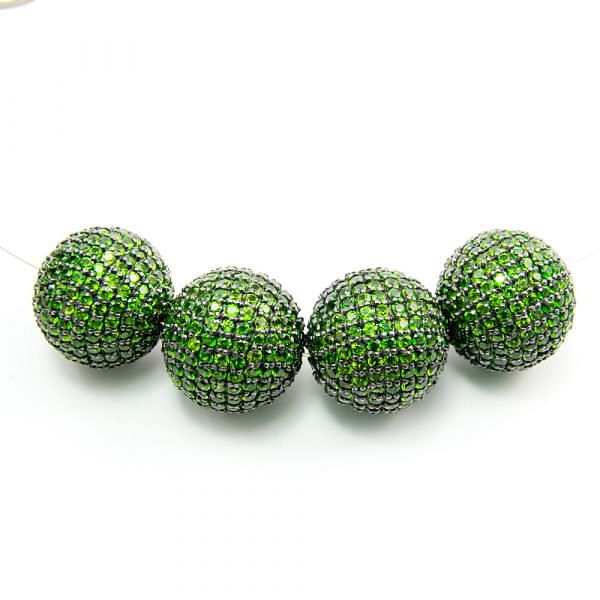 925 Sterling Silver Pave Diamond Bead with Chrome Diopside Stone, Round Ball Shape-20.00mm, Black Rhodium Plating. Sold By 1 Pcs, F-1926