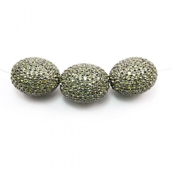925 Sterling Silver Pave Diamond Bead with Peridot Stone, Oval Shape-24.00x18.00x20.00mm, Black Rhodium Plating. Sold By 1 Pcs, F-1942