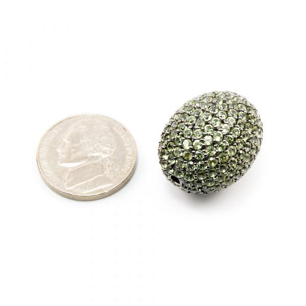 925 Sterling Silver Pave Diamond Bead with Peridot Stone, Oval Shape-24.00x18.00x20.00mm, Black Rhodium Plating. Sold By 1 Pcs, F-1942