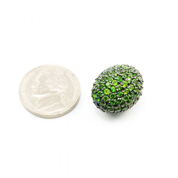 925 Sterling Silver Pave Diamond Bead with Chrome Diopside Stone, Oval Shape-19.00x15.00x14.00mm, Black Rhodium Plating. Sold By 1 Pcs, F-1943