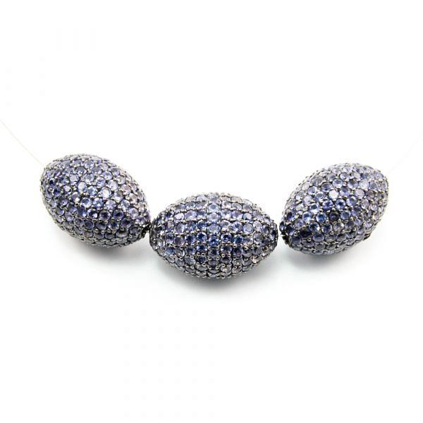 925 Sterling Silver Pave Diamond Bead with Iolite Stone, Drum Shape-25.00x17.00mm, Black Rhodium Plating. Sold By 1 Pcs, F-1950