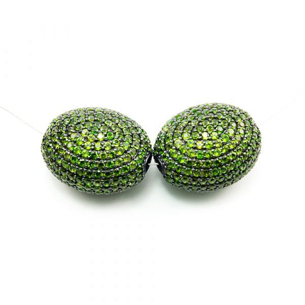 925 Sterling Silver Pave Diamond Bead with Chrome Diopside Stone, Oval Shape-28.00x17.00x23.00mm, Black Rhodium Plating. Sold By 1 Pcs, F-1953