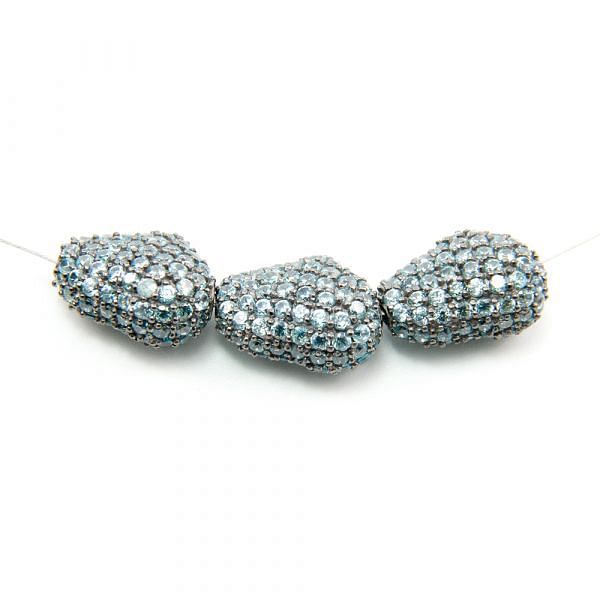 925 Sterling Silver Pave Diamond Bead with Blue Zircon Stone, Baroque Shape-13.00x18.00mm, Black Rhodium Plating. Sold By 1 Pcs, F-1996