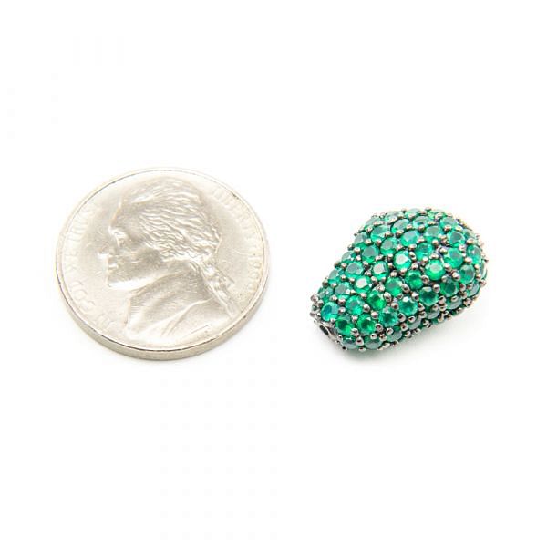 925 Sterling Silver Pave Diamond Bead with Green Onyx Stone, Baroque Shape-13.00x18.00mm, Black Rhodium Plating. Sold By 1 Pcs, F-2006