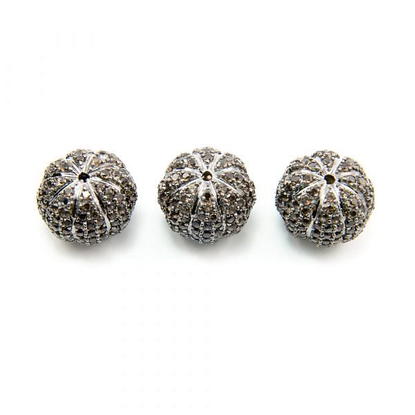 925 Sterling Silver Pave Diamond Bead with Smoky Stone, Melon Shape-19.00x15.00mm, Black Rhodium Plating. Sold By 1 Pcs, F-2009