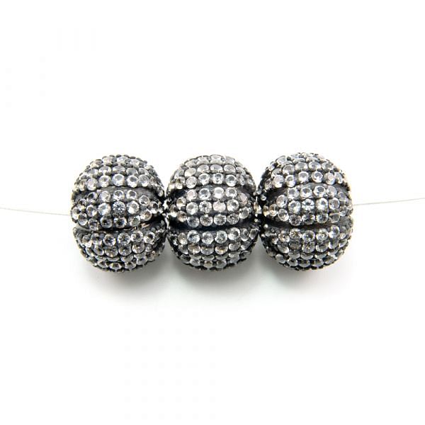 925 Sterling Silver Pave Diamond Bead with White Topaz Stone, Melon Shape-19.00x15.00mm, Black Rhodium Plating. Sold By 1 Pcs, F-2011