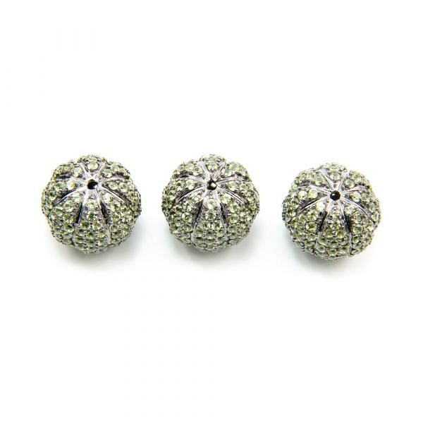 925 Sterling Silver Pave Diamond Bead with Peridot Stone, Melon Shape-19.00x15.00mm, Black Rhodium Plating. Sold By 1 Pcs, F-2012