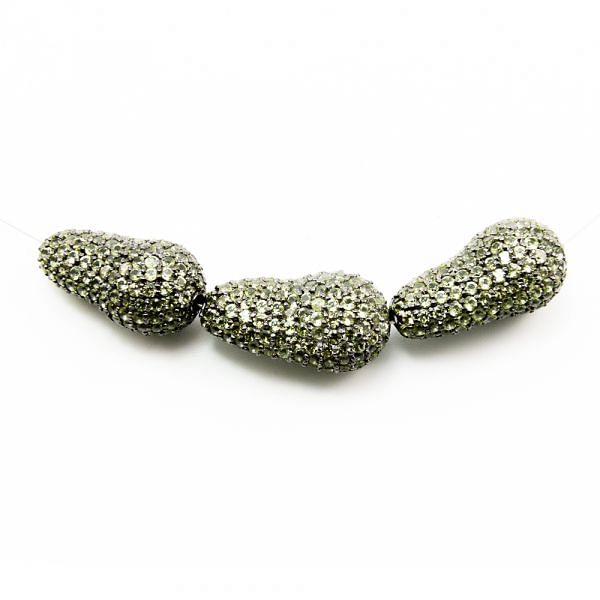 925 Sterling Silver Pave Diamond Bead with Peridot Stone, Baroque Shape-27.00x15.00mm, Black Rhodium Plating. Sold By 1 Pcs, F-2038