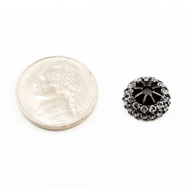 925 Sterling Silver Pave Diamond Bead with White Topaz Stone, Cap Shape-12.00mm, Black Rhodium Plating. Sold By 1 Pcs, F-2066