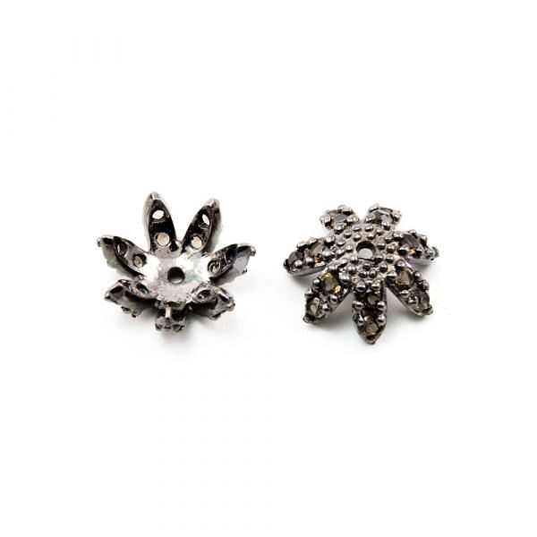 925 Sterling Silver Pave Diamond Bead with Smoky Stone, Flower Shape-13.00mm, Black Rhodium Plating. Sold By 1 Pcs, F-2074