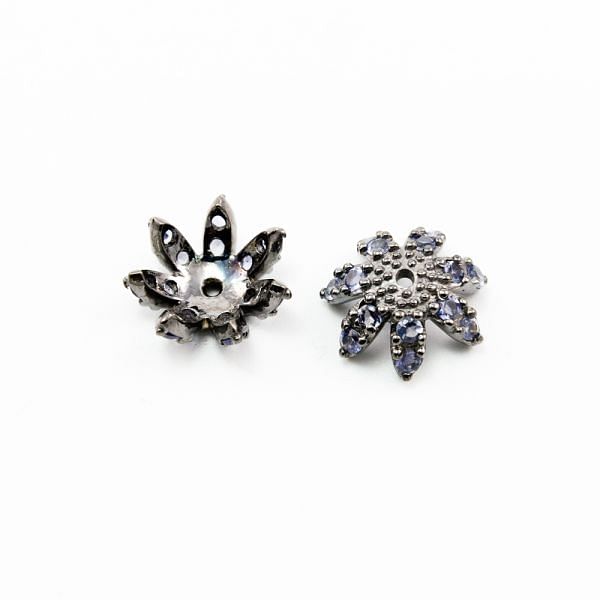 925 Sterling Silver Pave Diamond Bead with Iolite Stone, Flower Shape-13.00mm, Black Rhodium Plating. Sold By 1 Pcs, F-2076