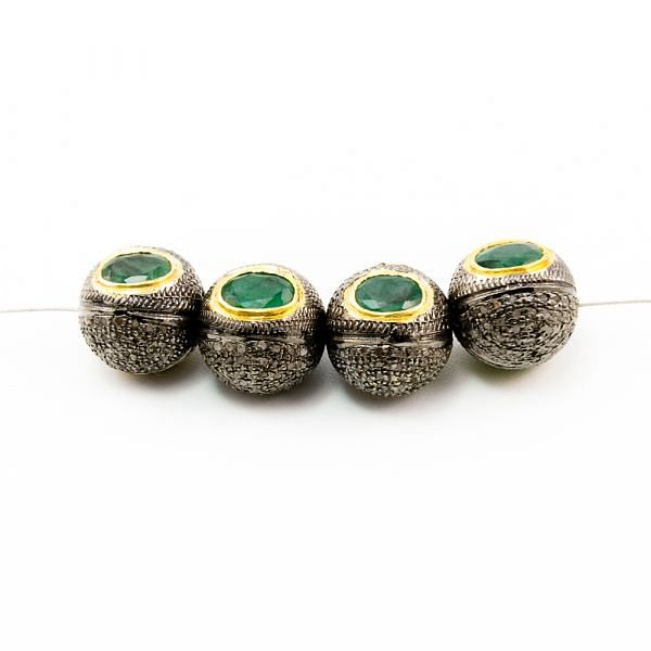 925 Sterling Silver Pave Diamond Bead with Emerald Stone, Round Ball Shape-13.50mm, Gold And Black Rhodium Plating. Sold By 1 Pcs, F-2104