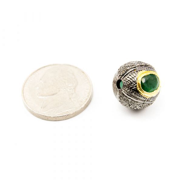 925 Sterling Silver Pave Diamond Bead with Emerald Stone, Round Ball Shape-13.50mm, Gold And Black Rhodium Plating. Sold By 1 Pcs, F-2104