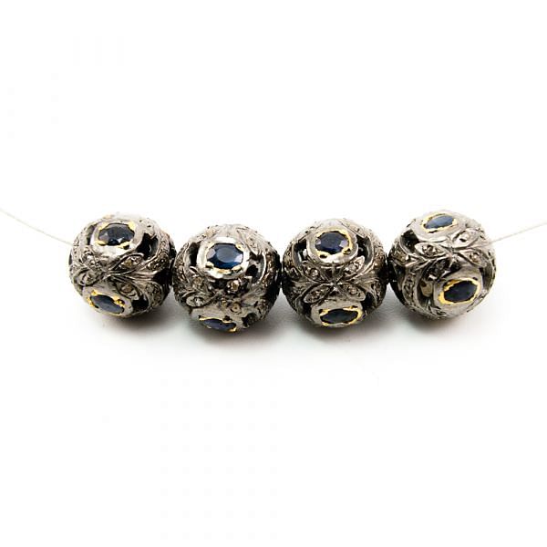925 Sterling Silver Pave Diamond Bead with Sapphire Stone, Round Ball Shape-12.00mm, Gold And Black Rhodium Plating. Sold By 1 Pcs, F-2105