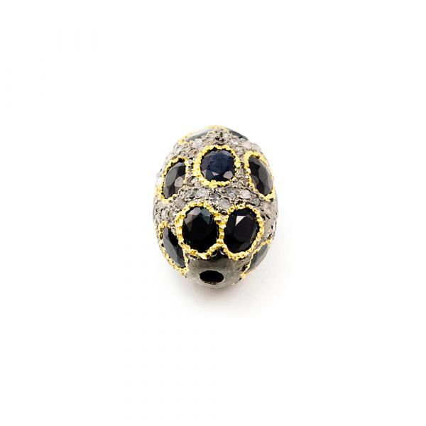 925 Sterling Silver Pave Diamond Bead with Sapphire Stone, Oval Shape-20.00x13.00mm, Gold And Black Rhodium Plating. Sold By 1 Pcs, F-2110