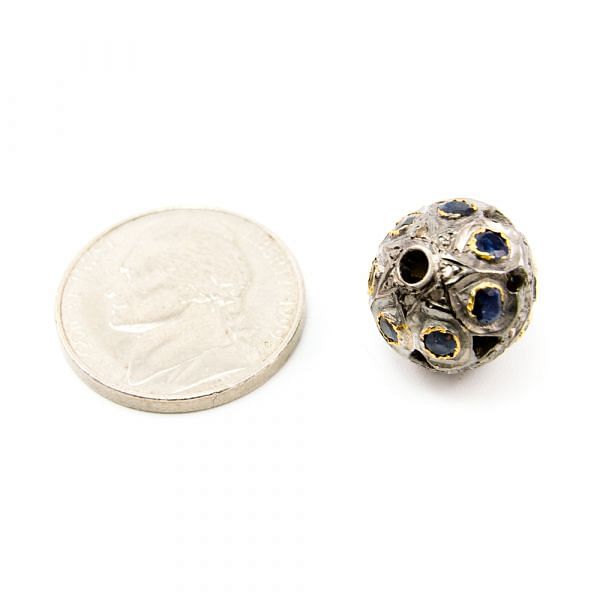 925 Sterling Silver Pave Diamond Bead with Sapphire Stone, Roundel Shape-13.00x14.50mm, Gold And Black Rhodium Plating. Sold By 1 Pcs, F-2114