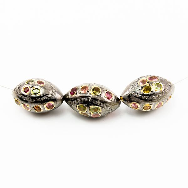 925 Sterling Silver Pave Diamond Bead with Multi Tourmaline Stone, Drum Shape-25.00x15.50mm, Gold And Black Rhodium Plating. Sold By 1 Pcs, F-2121