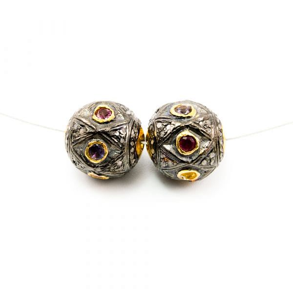 925 Sterling Silver Pave Diamond Bead with Multi Tourmaline Stone, Round Ball Shape-13.00x13.00mm, Gold And Black Rhodium Plating. Sold By 1 Pcs, F-2122