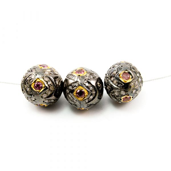 925 Sterling Silver Pave Diamond Bead with Tourmaline Stone, Round Ball Shape-13.00x13.00mm, Gold And Black Rhodium Plating. Sold By 1 Pcs, F-2123