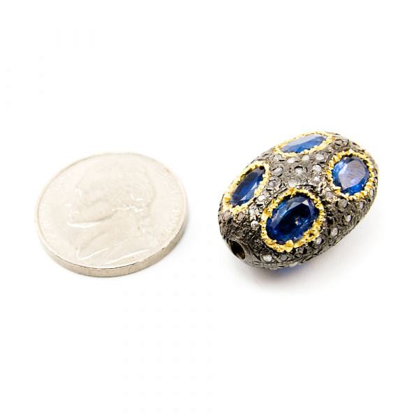 925 Sterling Silver Pave Diamond Bead with Kyanite Stone, Oval Shape-23.00x17.00x12.50mm, Gold And Black Rhodium Plating. Sold By 1 Pcs, F-2127