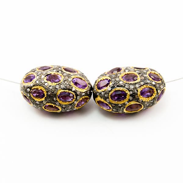925 Sterling Silver Pave Diamond Bead with Amethyst Stone, Oval Shape-23.00x16.00mm, Gold And Black Rhodium Plating. Sold By 1 Pcs, F-2136