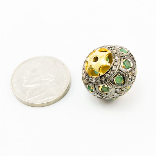 925 Sterling Silver Pave Diamond Bead with Emerald Stone, Roundel Shape-19.00x17.00mm, Gold And Black Rhodium Plating. Sold By 1 Pcs, F-2143