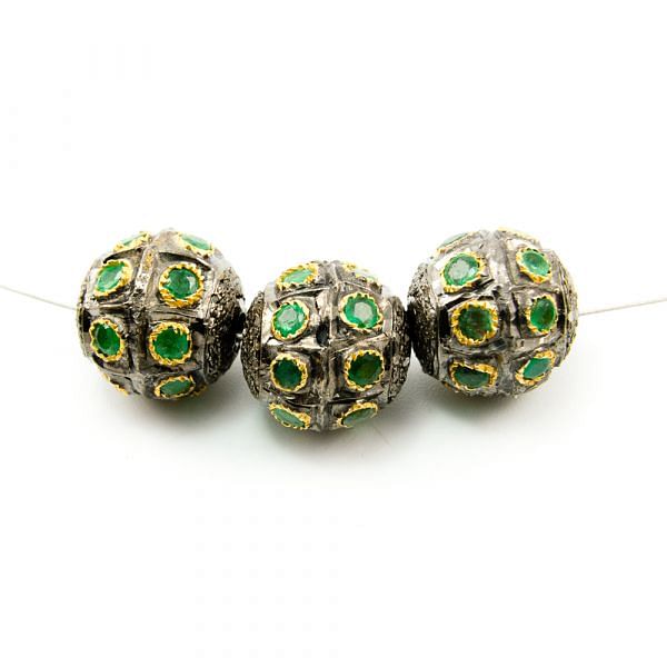 925 Sterling Silver Pave Diamond Bead with Emerald Stone, Roundel Shape-14.00x15.00mm, Gold And Black Rhodium Plating. Sold By 1 Pcs, F-2147