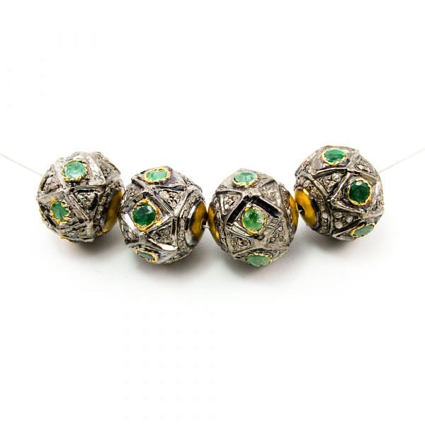 925 Sterling Silver Pave Diamond Bead with Emerald Stone, Roundel Shape-13.00x14.00mm, Gold And Black Rhodium Plating. Sold By 1 Pcs, F-2149