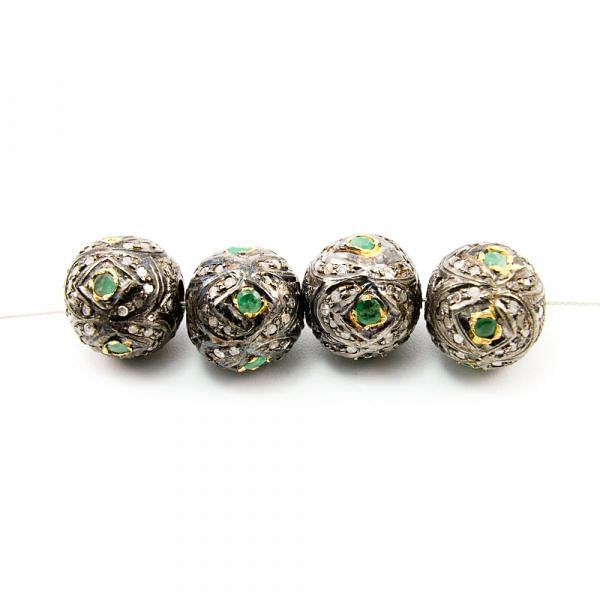 925 Sterling Silver Pave Diamond Bead with Emerald Stone, Roundel Shape-11.50x12.50mm, Gold And Black Rhodium Plating. Sold By 1 Pcs, F-2151