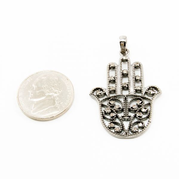 925 Sterling Silver Pave Diamond Pendant, Hand Of Hamsa Shape-38.50x26.50mm, Black/White Rhodium Plating. Sold By 1 Pcs, F-2166