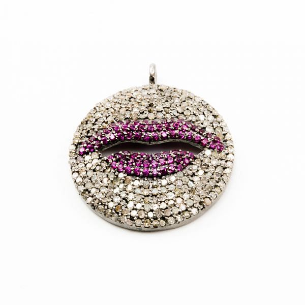 925 Sterling Silver Pave Diamond Pendant With Ruby Stone, Lip Shape-24.00x28.00mm, Black/White Rhodium Plating. Sold By 1 Pcs, F-2172