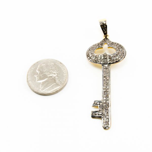 925 Sterling Silver Pave Diamond Pendant, Key Shape-51.00x21.00x9.50mm, Gold And Black Rhodium Plating. Sold By 1 Pcs, F-2174